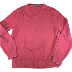 Nautica Sweater Mens Medium Red V-Neck Pullover 100% Cotton Knit Classic Preppy